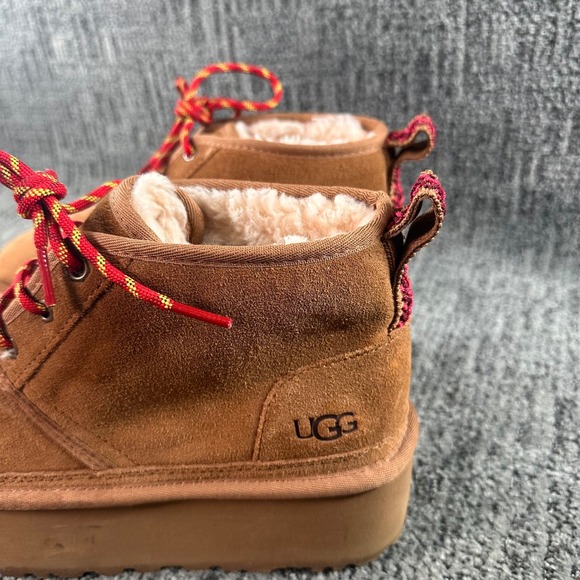 UGG Neumel Platform Booties Womans Size 9 Chestnut Suede Fur Lined Lace Up - Picture 5 of 8